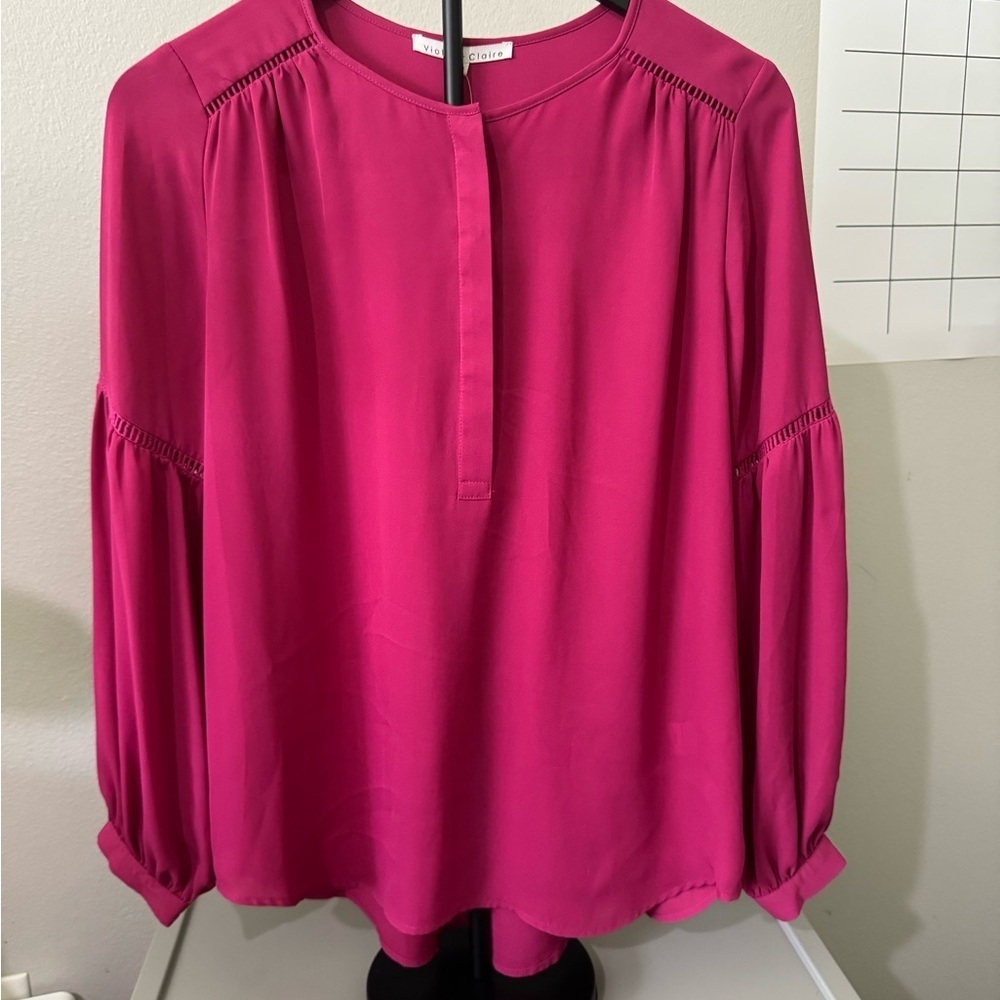 Violet & Claire Pink Blouse with Mandarin Collar and Long Sleeves
